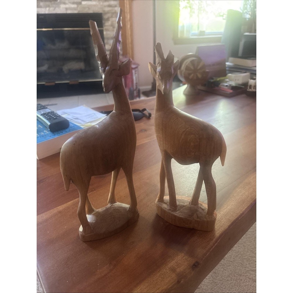 Vintage Wooden Hand Carved PAIR of Elk Gazelle Antelope MCM Folk Art Safari